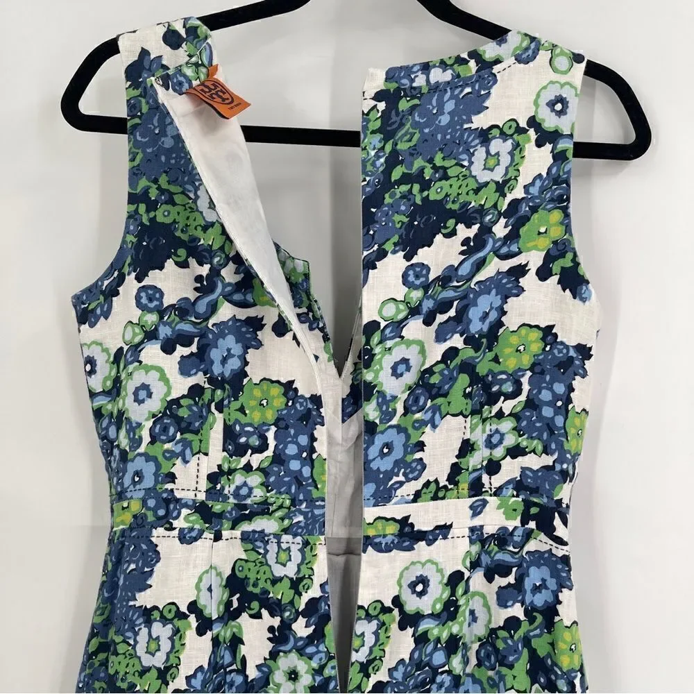 Tory Burch Blue Green White Amalia Linen Dress